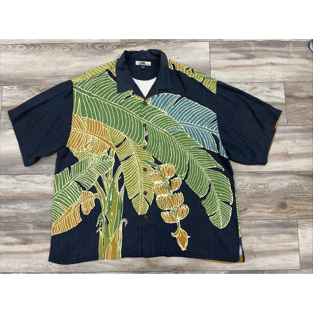 Tommy Bahama Mens Silk Hawaiian Tropical Shirt XXL Black Green Banana Leaf